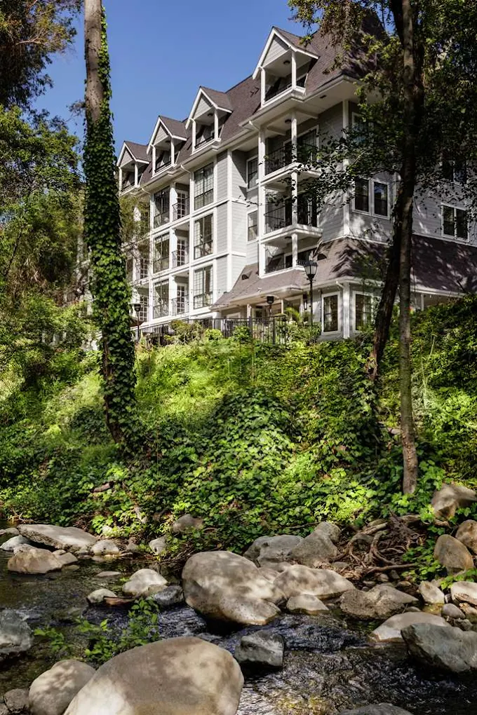 A large, white multi-story building with peaked roofs stands beside a forested area, with lush greenery and vines in the foreground and a rocky creek flowing at the bottom of the image under a clear blue sky.