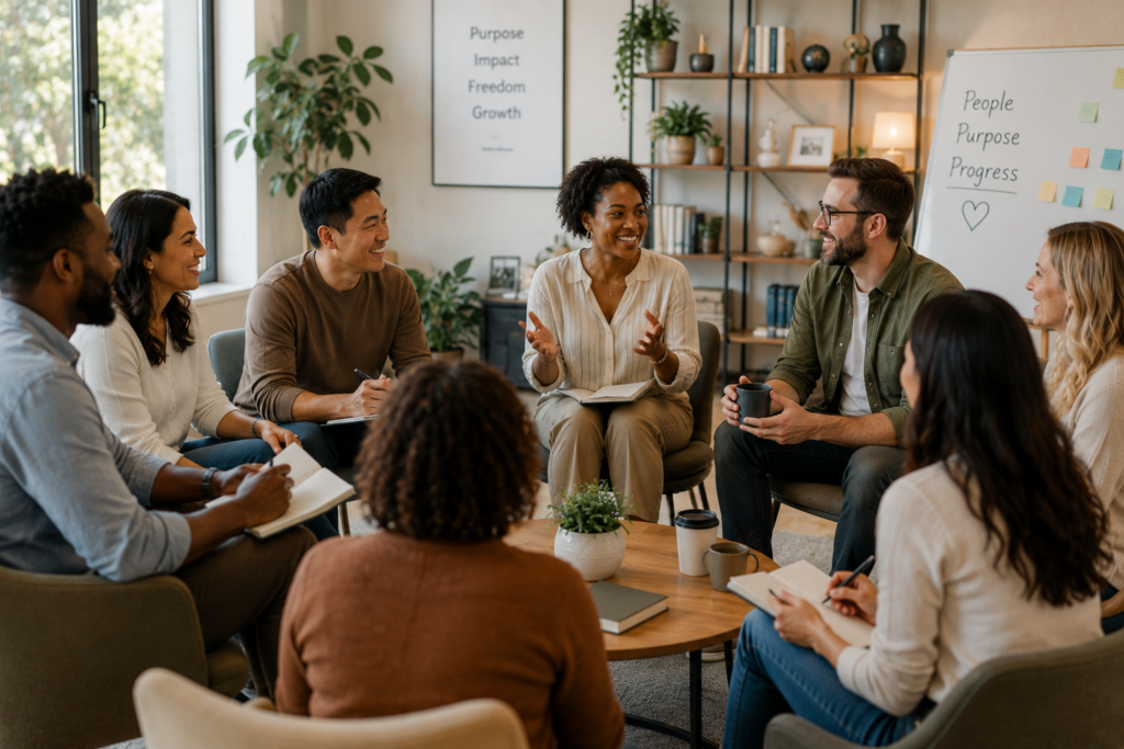 A diverse group of people sit in a circle, smiling and talking in a cozy, well-lit room, with notebooks and coffee. Posters on the wall read "Purpose Impact Freedom Growth" and "People Purpose Progress.