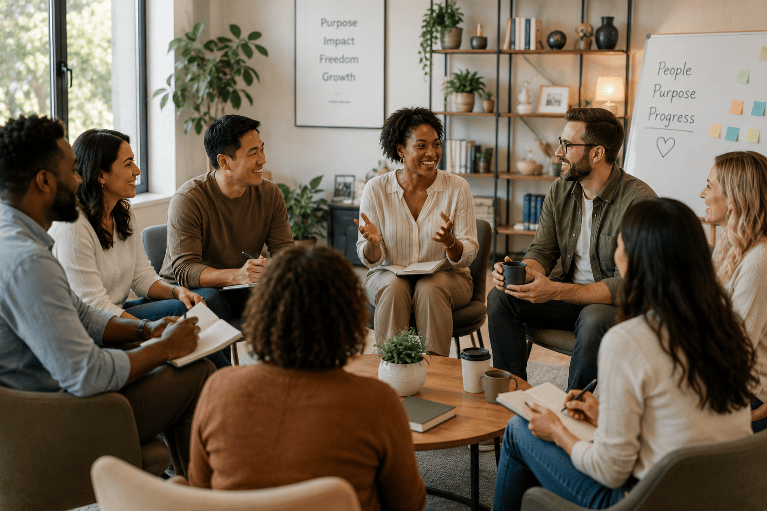 A diverse group of people sit in a circle, smiling and talking in a cozy, well-lit room, with notebooks and coffee. Posters on the wall read "Purpose Impact Freedom Growth" and "People Purpose Progress.