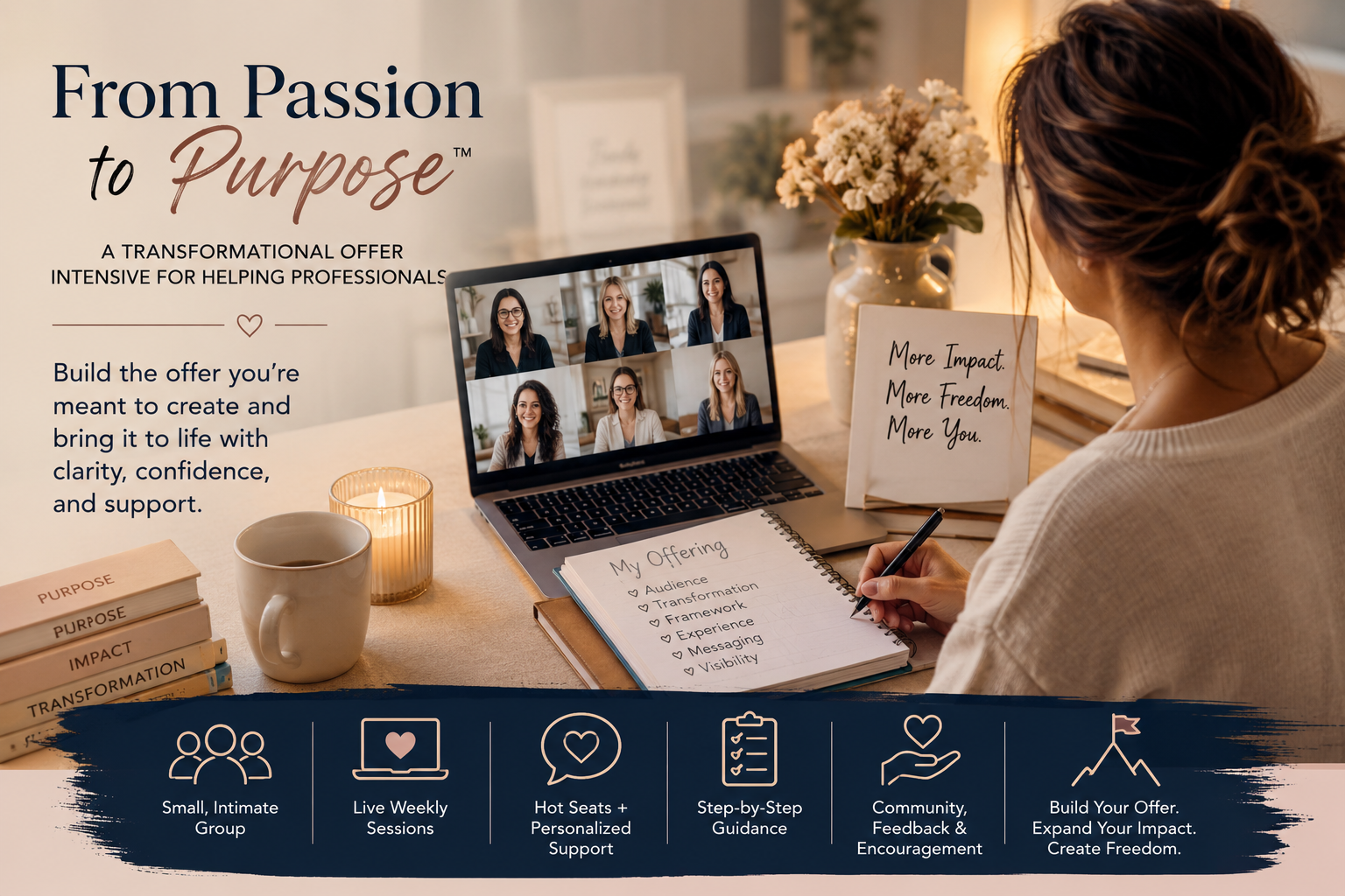 A woman sits at a desk with a laptop showing a virtual meeting of six women. She writes in a notebook with a list titled "My Offering." Motivational signs and candles are on the desk. Text promotes a professional coaching program.